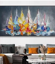 お買い得  -Mintura 手作りボート風景油絵キャンバス壁アート装飾現代抽象船の写真家の装飾のためのロールフレームレス未伸張絵画