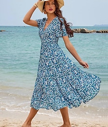 olcso -Női Sifon A vonalú ruha Ditsy virágos Fodrozott V-alakú Maxiruha Hawaii Stílusos Vakáció Rövid ujjú Nyár