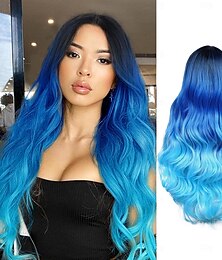 cheap -Long Blue Wavy Wigs for Women Ombre Blue Body Wave Mermaid Hair Wigs Long Curly Synthetic Hair for Daily or Cosplay