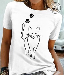 cheap -Women's T shirt Tee Cotton 100% Cotton Cat Casual Weekend Black White Gray Print Short Sleeve Basic Round Neck Regular Fit
