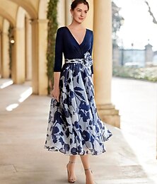 cheap -A-Line Mother of the Bride Dress Floral dress Formal Wedding Guest Elegant V Neck Ankle Length Chiffon Stretch Fabric 3/4 Length Sleeve with Blue Flower Dress  2024