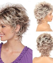 economico -parrucche corte bionde con taglio pixie con frangia per donne bianche, parrucca bionda ombre marrone parrucche sintetiche per capelli ricci ondulati parrucche marroni miste a strati naturali soffici
