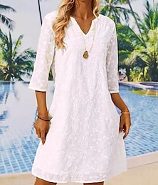 economico -Per donna Vestito bianco Mini abito Pizzo Con ricami Appuntamento Da mare Streetwear Collo diviso Manica a 3/4 Bianco Colore