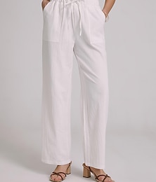 cheap -Women's Wide Leg Plus Size Cotton Linen Black White Solid Mid Waist Home Casual Summer Spring
