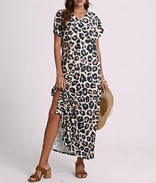 cheap -Women's Casual Dress Split Print V Neck Long Dress Maxi Dress Vacation Short Sleeve Summer