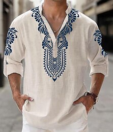 economico -Per uomo Tribale Etnico Stampa Bandana Camicia camicia di lino Camicia con bottoni Manica lunga Tribale Da mare Da tutti i giorni Per uscire Primavera & Autunno Colletto alla coreana Bottoni Stampa