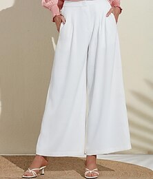 baratos -calças essenciais femininas brancas perna larga comprimento total cintura elástica