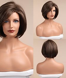 abordables -Peluca bob marrón pelucas de pelo corto para mujer resalta la peluca sintética de fibra resistente al calor aspecto natural de 10 pulgadas