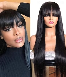 cheap -Silky Straight Human Hair Wigs with Bangs Brazilian Virgin None Lace Front Wigs  Machine Made Wigs for Black Women Natural Color