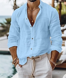 preiswerte -Herren Hemd leinenhemd Guayabera Hemd Knopfhemd Sommerhemd Strandhemd Weiß Blau Grau Langarm Glatt Kragen Frühling Sommer Casual Täglich Bekleidung
