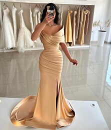 levne -Mořská panna plesové šaty elegantní šaty formální ples podlahová délka bez rukávů bez ramen satén s nařaseným rozparkem maškarní šaty