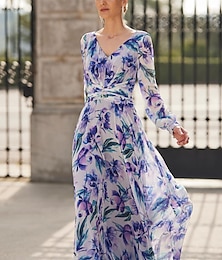 זול -שמלת אם הכלה רשמית אורחת חתונה אלגנטית שמלה אלגנטית וינטג' צווארון V באורך קרסול שיפון פוליאסטר שרוולים ארוכים עם פרח מחורץ כחול שמלת אורח כלה 2024