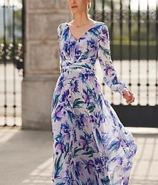 abordables -Robe de Mère de la Mariée A-Line Plage Formelle Invité Élégante Vintage V Décolleté Longueur Cheville Chiffon Manches Longues avec Fleur Froncée Robe Invité de Mariage taille sur mesure gratuite