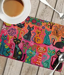 abordables -sets de table de table à manger en lin série doodle art cat imperméables à l'huile et isolés tapis de table à manger ménagers résistants à la chaleur imperméables à l'huile et isolés tapis de table à
