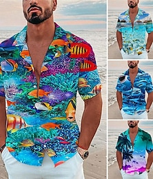 levne -Pánské Košile Táborová košile Grafická košile Aloha košile Ryby Podvodní svět Přehnutý Modrá moře Námořnická modř Námořnická modř Vodní modrá Oranžová 3D tisk Venkovní ulice Krátký rukáv Tisk