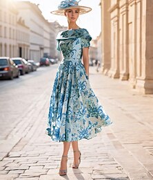 preiswerte -A-Linien Mutter der Braut Kleid formell Hochzeitsgast vintage gerade Ausschnitt Teelänge kurze Ärmel mit Falten Blume blau Hochzeitsgastkleid Derby Kleid Rennkleid 2025