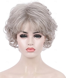 economico -parrucche corte ricce grigio argento con frangia per le donne parrucche sintetiche anni '70 resistenti al calore con lucentezza naturale, parrucche piene di capelli per le donne