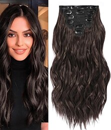 abordables -extensions de cheveux à clipser 6 pièces naturelles &cheveux doux &se marie bien avec les extensions de cheveux brun foncé, postiches longs et ondulés