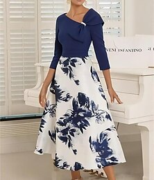preiswerte -A-Linie Mutter der Braut Kleid Hochzeitsgast Elegantes Kleid V-Ausschnitt Tee Länge Stretch Chiffon 3/4 Ärmel mit Kristallbrosche Blume blaue Hochzeitsgast Kleid Derby Kleid Renntag Kleid 2025