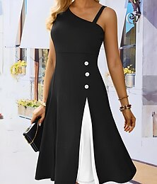 cheap -Women's Black Dress A Line Midi Dress Patchwork Party Work Elegant One Shoulder Sleeveless Summer Black White