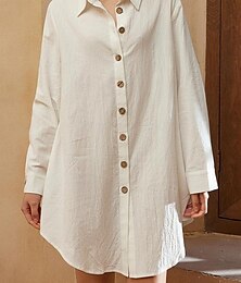 Χαμηλού Κόστους -Γυναικεία Φόρεμα πουκαμίσα Μίνι φόρεμα Βαμβακερά λευκά είδη Κουμπί επάνω Κουμπί Βασικό Καθημερινά Κολάρο Πουκαμίσου Μισό μανίκι Καλοκαίρι Άνοιξη Λευκό
