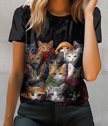 お買い得  -女性用 Tシャツ 猫 カジュアル ブラック 半袖 ファッション クルーネック 春夏
