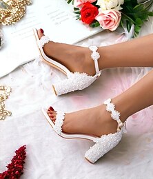 abordables -Femme Chaussures de mariage Soirée Imitation Perle Dentelle Talon Bas Bout rond Elégant Cuir microbien Lanière en T Blanche