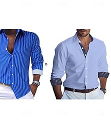 cheap -Men's Matching Sets Blue Shirt Button Up Shirt Casual Shirt Sets Long Sleeve Lapel Vacation Going out Striped Polyester Spring & Summer