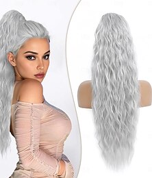 cheap -Drawstring Ponytail Extension 26 Inch Long Wavy Multi Layered Clip in Ponytail Hair Extensions Stand Up High Fake Pony Tail Soft Natural Synthetic Hairpiece Silver Grey to White Women Girls