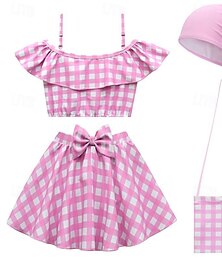 ieftine -Costum de baie pentru fete, roz, șapcă, costum de baie pentru copii, bretele elastice înalte, set din două piese