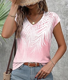 billige -Dame T skjorte Blad Feriereise Trykt mønster Hvit Kortermet Tropisk Hawaiisk V-hals Sommer
