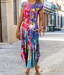 cheap -Women's Casual Dress Graphic Color Block Print Crew Neck Long Dress Maxi Dress Vacation Short Sleeve Summer