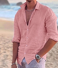 お買い得  -Men's Linen Shirt Shirt Summer Shirt Beach Shirt Black White Pink Long Sleeve Solid Color Turndown Spring & Summer Outdoor Street Clothing Apparel Button-Down