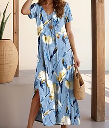cheap -Women's Casual Dress Split Floral Print V Neck Long Dress Maxi Dress Boho Vacation Short Sleeve Summer Beach