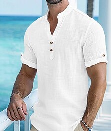 cheap -Men's Linen Shirt Shirt Popover Shirt Summer Shirt Beach Shirt White Blue Orange Short Sleeve Plain Band Collar Summer Casual Daily Clothing Apparel