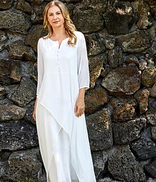 cheap -Women's White Cotton Linen Maxi Dress Sundress Swing Dress V-Neck Button 3/4 Sleeve Layered Loose Fit Casual Summer Spring 2024