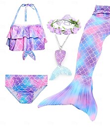 preiswerte -Kinder Mädchen fünfteilige Bademode Strand Regenbogen süße Monoflosse Badeanzüge 3-10 Jahre Sommer lila