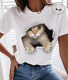 お買い得  -女性用 Tシャツ 面白いTシャツ ブラック ホワイト グラフィック 猫 プリント 半袖 カジュアル 日常 ベーシック ラウンドネック レギュラー コットン１００％ 3D猫 S