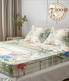 economico -Set lenzuolo con angoli con motivo primaverile a righe floreali in cotone 100% lenzuola setose ultra morbide e traspiranti lenzuola con tasca profonda 3 pezzi queen king size