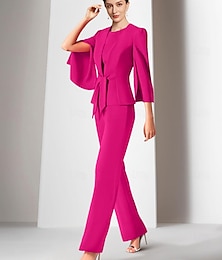 cheap -Two Piece Jumpsuits Mother of the Bride Dress Wedding Guest Elegant Wrap Included Jewel Neck Ankle Length Stretch Chiffon 3/4 Length Sleeve with Bandage 2024