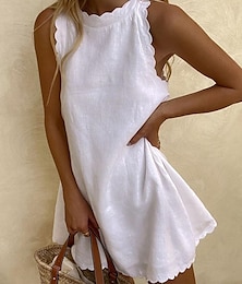 baratos -Mulheres Vestido branco Vestido casual Vestido de linho de algodão Minivestido Básico Básico Diário Gola Redonda Sem Manga Verão Primavera Preto Branco Tecido