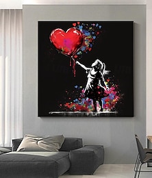abordables -Peinture à la main Banksy art fille avec ballon de coeur graffiti art peinture toile grande taille œuvre d'art créative pour salon décor sans cadre