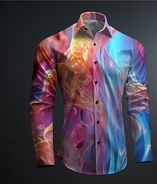 billiga -Herr Geometriska mönster Låga Knapp upp skjorta Tryckta skjortor Långärmad Subkulturell Semester Fest Gata Vår & sommar Nedvikt Mönster Button-Down Blå Purpur