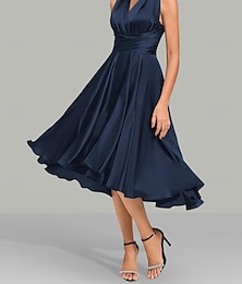billige -a-line blå bryllup gjestekjoler elegant kjole formell sommer te lengde ermeløs en skulder konvertibel sateng med rynket 2024