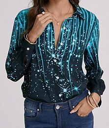 abordables -Camisa de mujer burdeos mezclilla azul negro rayas chispeante estampado de botones manga larga casual fin de semana streetwear cuello de camisa regular S