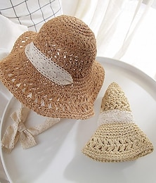 abordables -Sombrero de cubo de ganchillo hueco, lazo de cinta de encaje, ala ancha, sombrero de paja transpirable para el sol, elegante sombrilla, sombreros de playa de viaje para mujer