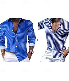 cheap -Men's Matching Sets Blue Shirt Button Up Shirt Casual Shirt Sets Long Sleeve Lapel Vacation Going out Striped Polyester Spring & Summer