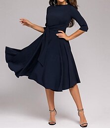 cheap -Women's Party Dress Tie Front Belted Crew Neck 3/4 Length Sleeve Midi Dress Elegant Classic Navy Blue Beige Spring