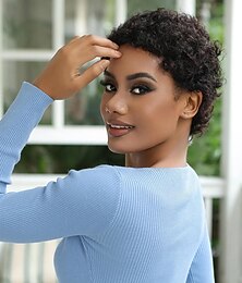 abordables -Afro crépus bouclés cheveux humains perruques courtes pour femmes pleine et moelleuse fabriqué à la machine perruque cheveux humains coupe de lutin aspect naturel sans colle perruque de remplacement