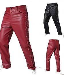 cheap -Men's Faux Leather Pants Casual Pants Straight Leg Solid Colored Sports Full Length Casual Nightclub Clubwear Faux Leather Streetwear Casual Black Wine Inelastic